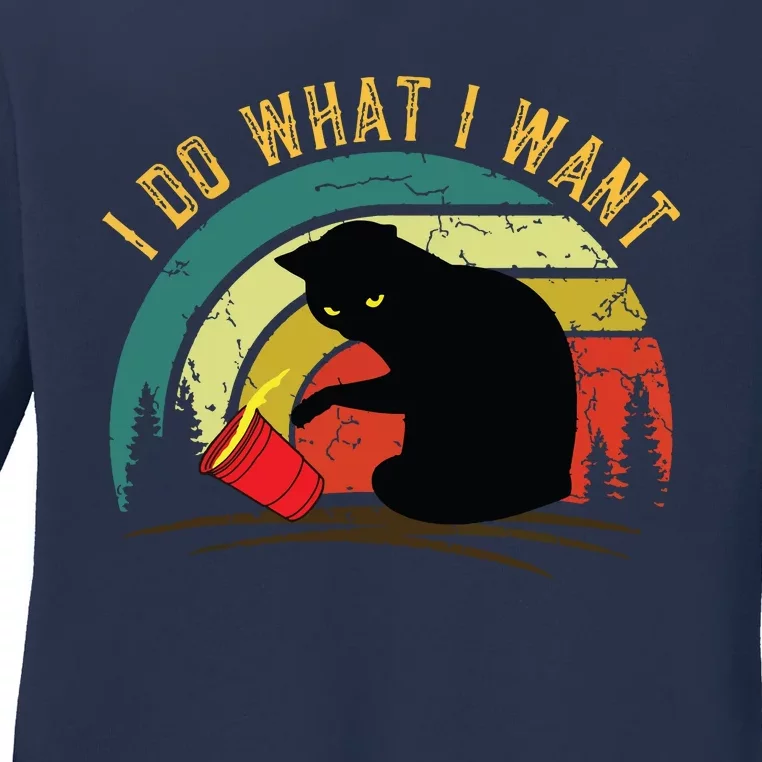 I Do What I Want Cat Coffee Black Cat Red Cup Funny Graphic Ladies Long Sleeve Shirt