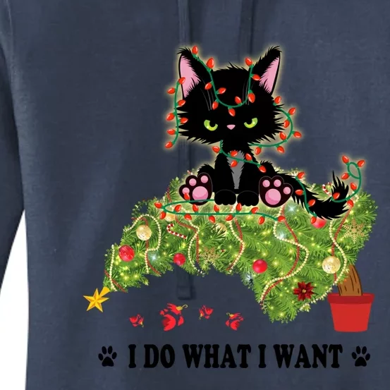 I Do What I Want Funny Black Cat Lover Christmas Tree Gift Women's Pullover Hoodie