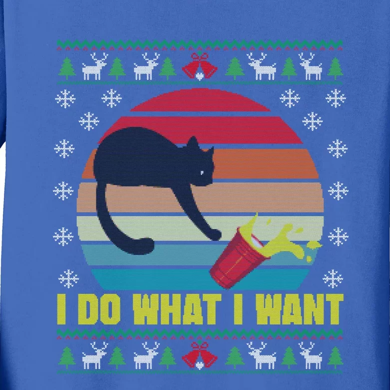 I Do What I Want Funny Cat Red Cup Sunset Ugly Xmas Sweater Meaningful Gift Kids Long Sleeve Shirt