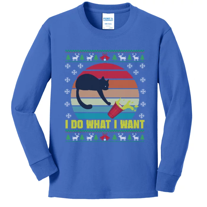 I Do What I Want Funny Cat Red Cup Sunset Ugly Xmas Sweater Meaningful Gift Kids Long Sleeve Shirt