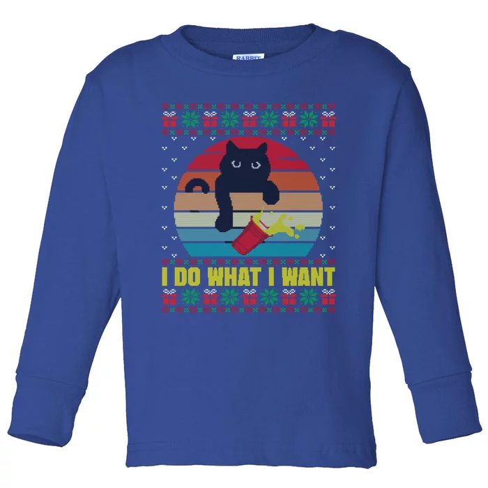 I Do What I Want Ugly Xmas Sweater Red Cup Cat Lover Gift Toddler Long Sleeve Shirt