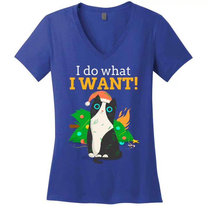 I Do What I Want Cat Christmas Funny Graphic Great Gift Women's V-Neck T-Shirt