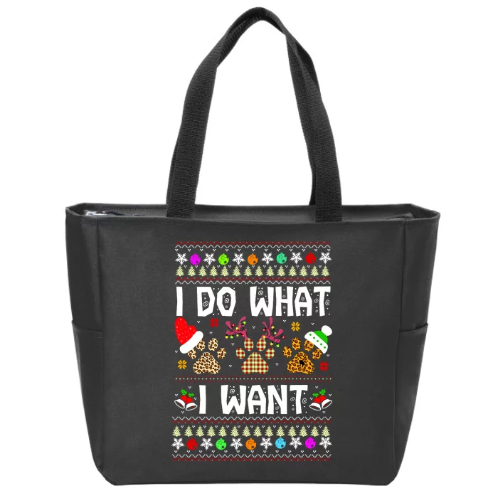 I Do What I Want Funny Dog Paws Ugly Christmas Sweater Zip Tote Bag