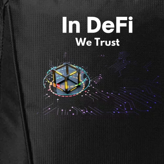 In DeFi We Trust Cryptocurrency Bitcoin Ethereum Blockchain City Backpack