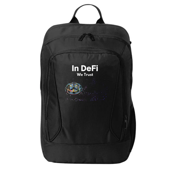 In DeFi We Trust Cryptocurrency Bitcoin Ethereum Blockchain City Backpack