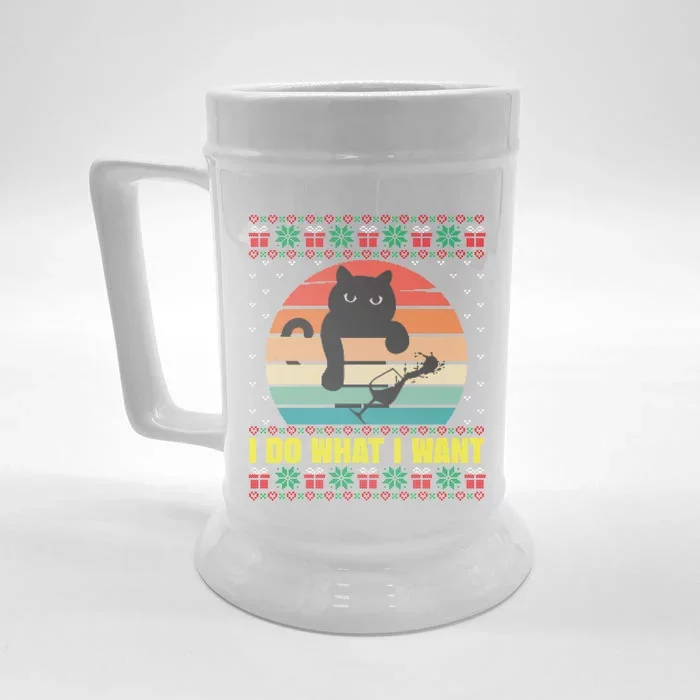 I Do What I Want Cat Wine Lover Sunset Ugly Xmas Sweater Gift Front & Back Beer Stein