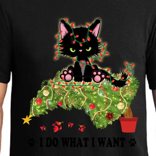 I Do What I Want Funny Black Cat Lover Christmas Tree Gift Pajama Set