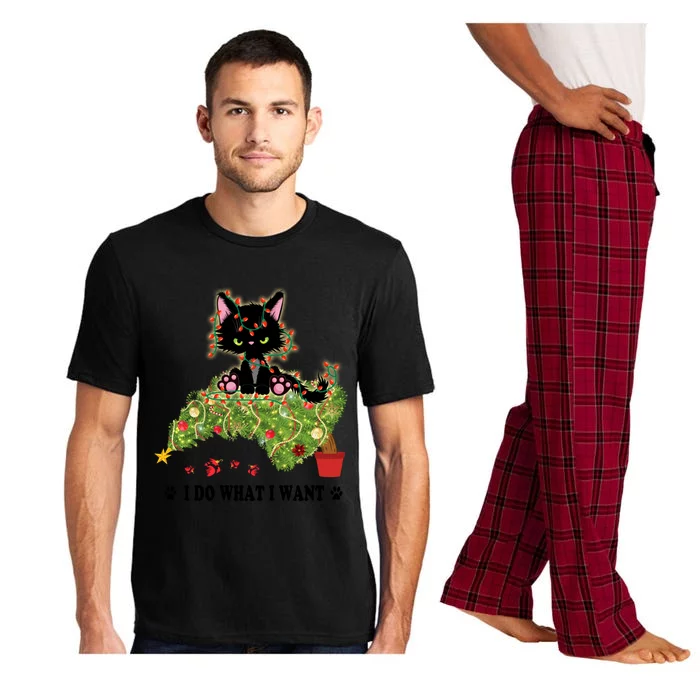 I Do What I Want Funny Black Cat Lover Christmas Tree Gift Pajama Set