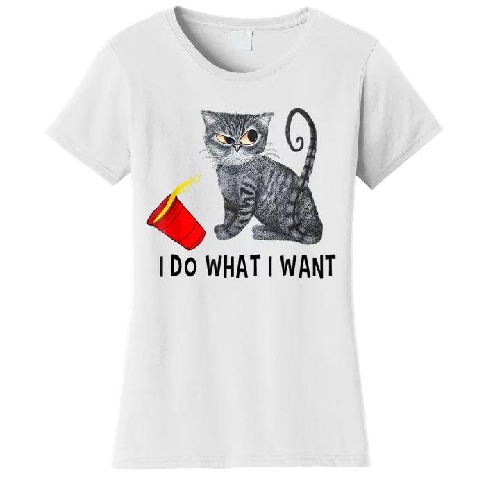 I Do What I Want Cat Coffee Black Cat Red Cup Funny Graphic Women's T-Shirt