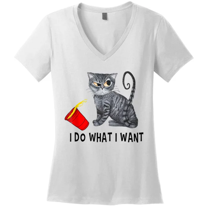 I Do What I Want Cat Coffee Black Cat Red Cup Funny Graphic Women's V-Neck T-Shirt