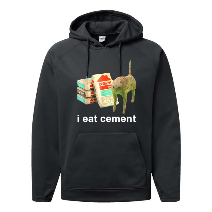 I Eat Cement Cursed Cat Funny Oddly Specific Dank Meme Performance Fleece Hoodie