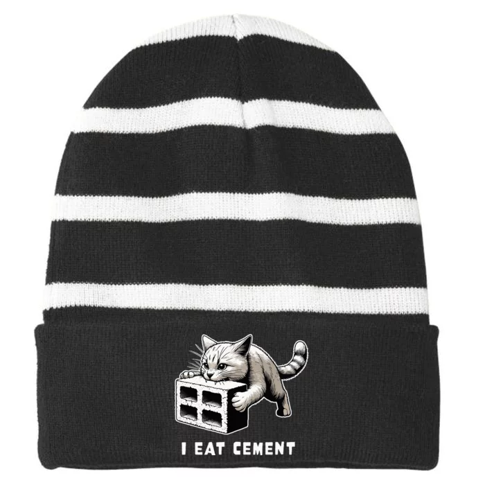 I Eat Cement Cursed Cat Funny Weird Meme Striped Beanie with Solid Band