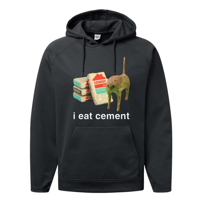 I Eat Cement Cursed Cat Funny Oddly Specific Dank Meme Gift Performance Fleece Hoodie