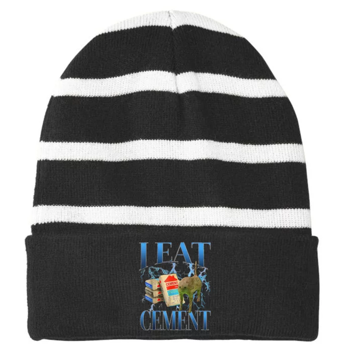 I Eat Cement Cursed Cat Funny Oddly Specific Meme Striped Beanie with Solid Band