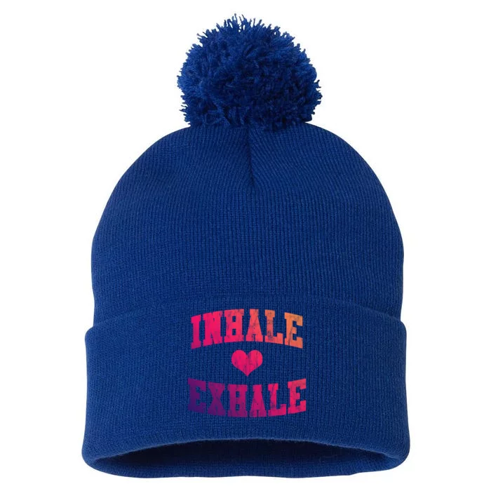 Inhale Exhale With A Heart And Distressed Vintage Look Gift Pom Pom 12in Knit Beanie