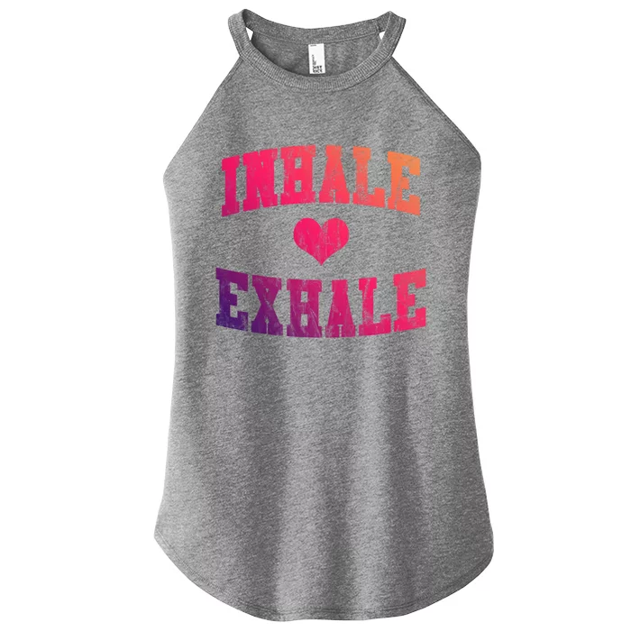 Inhale Exhale With A Heart And Distressed Vintage Look Gift Women’s Perfect Tri Rocker Tank