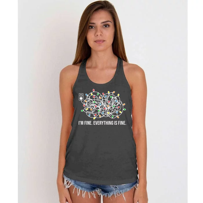 I'm Fine Everything Is Fine Funny Christmas Lights Women's Knotted Racerback Tank