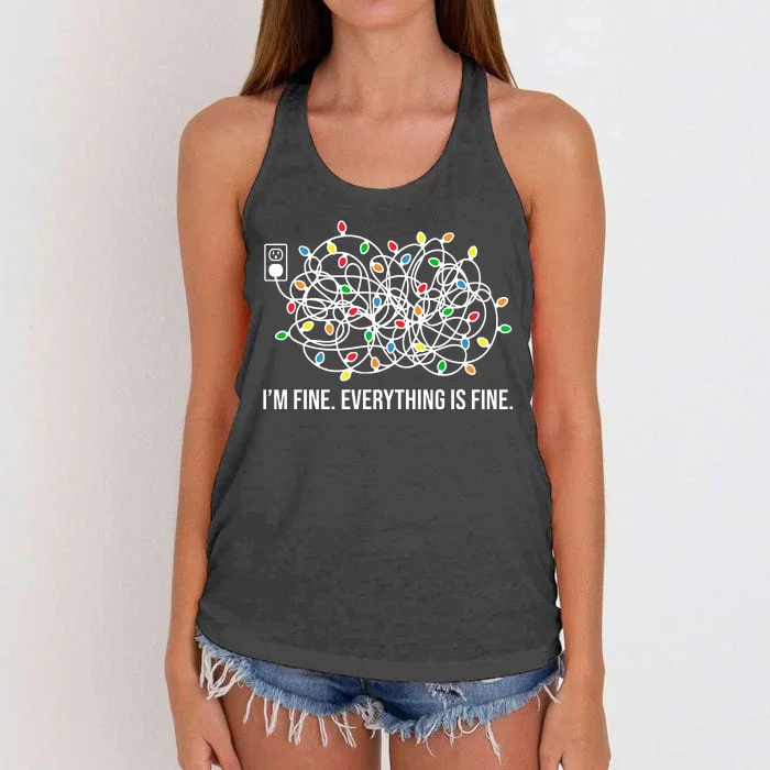 I'm Fine Everything Is Fine Funny Christmas Lights Women's Knotted Racerback Tank