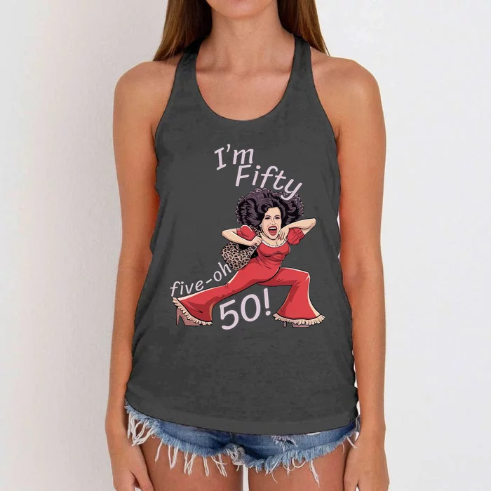 I’M Fifty Five Oh 50 Funny Sally Kick Lady O’Malley Birthday Women's Knotted Racerback Tank