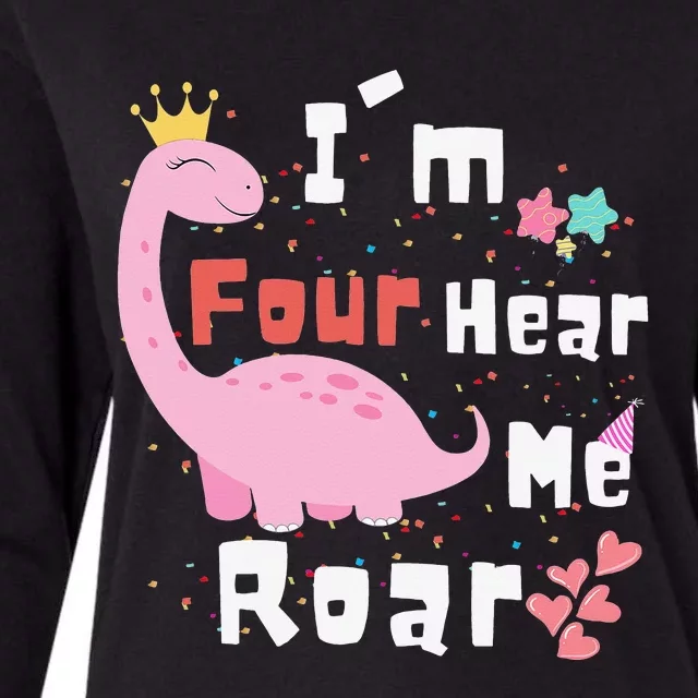 I'm Four Hear Me Roar Dinosaur 4th Birthday Party Womens Cotton Relaxed Long Sleeve T-Shirt