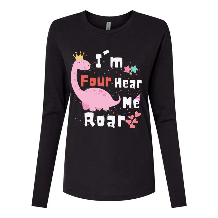 I'm Four Hear Me Roar Dinosaur 4th Birthday Party Womens Cotton Relaxed Long Sleeve T-Shirt