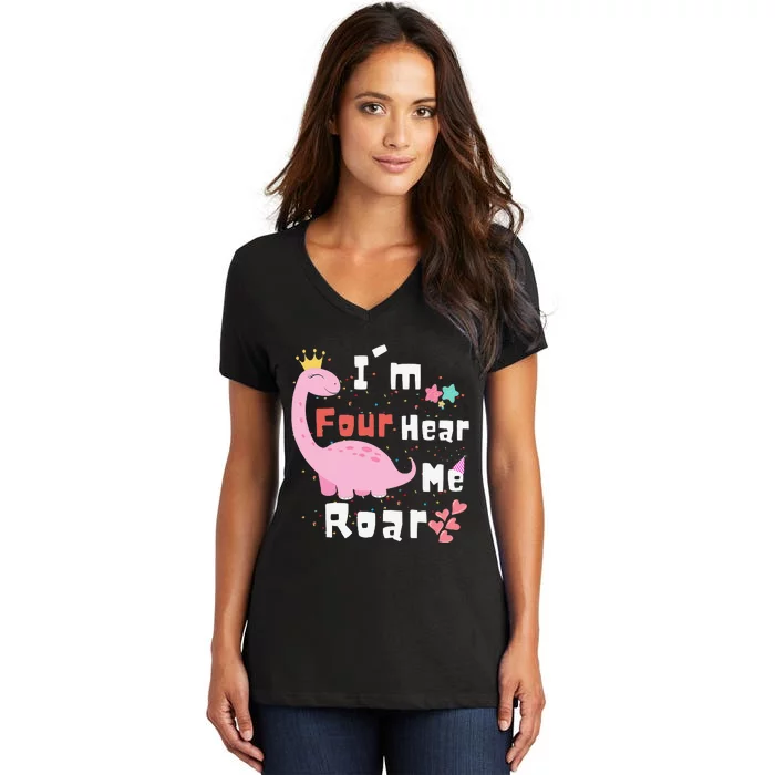 I'm Four Hear Me Roar Dinosaur 4th Birthday Party Women's V-Neck T-Shirt