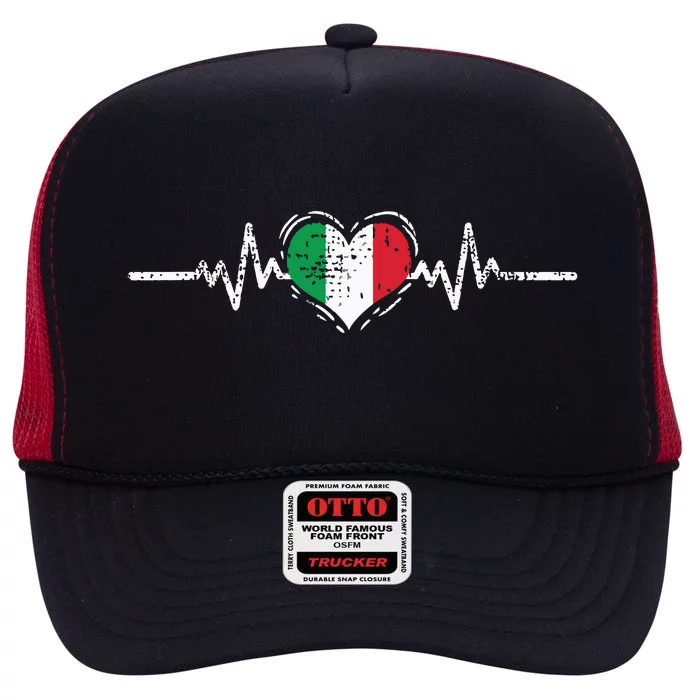 Italy Flag Heartbeat Italian Roots Vintage High Crown Mesh Trucker Hat