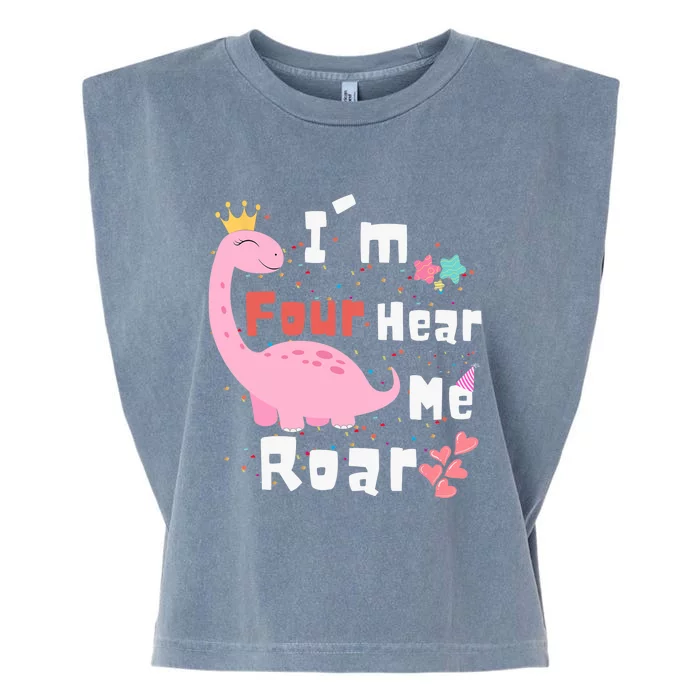 I'm Four Hear Me Roar Dinosaur 4th Birthday Party Garment-Dyed Women's Muscle Tee