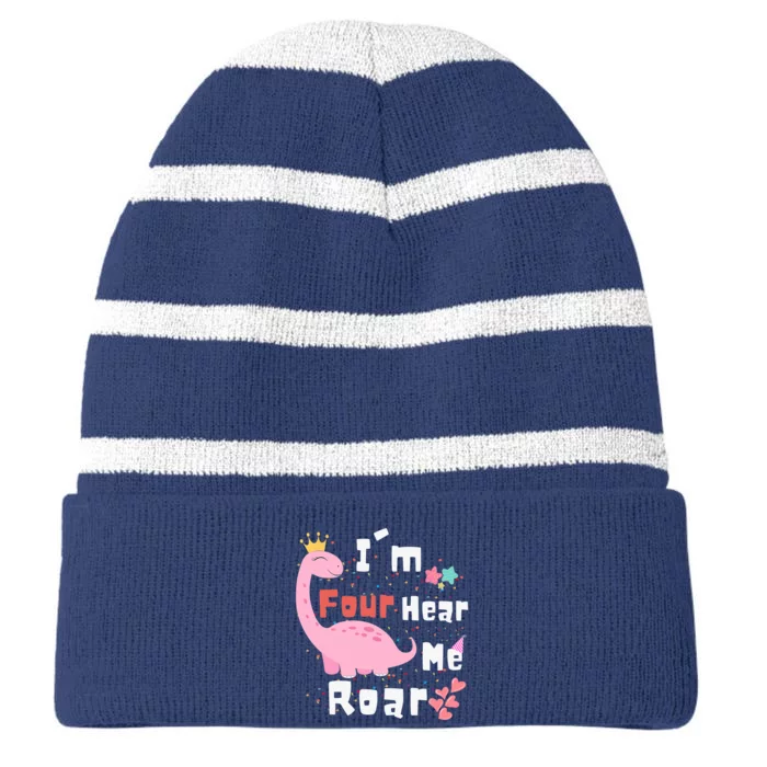 I'm Four Hear Me Roar Dinosaur 4th Birthday Party Striped Beanie with Solid Band