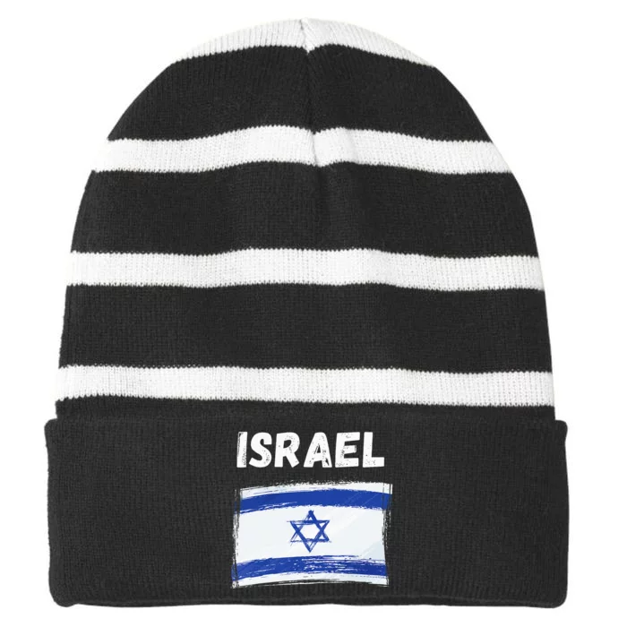 Israel Flag Holiday Vintage Grunge Israeli Flag Striped Beanie with Solid Band