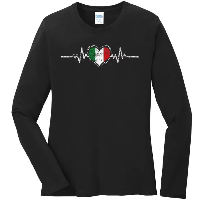 Italy Flag Heartbeat Italian Roots Vintage Ladies Long Sleeve Shirt