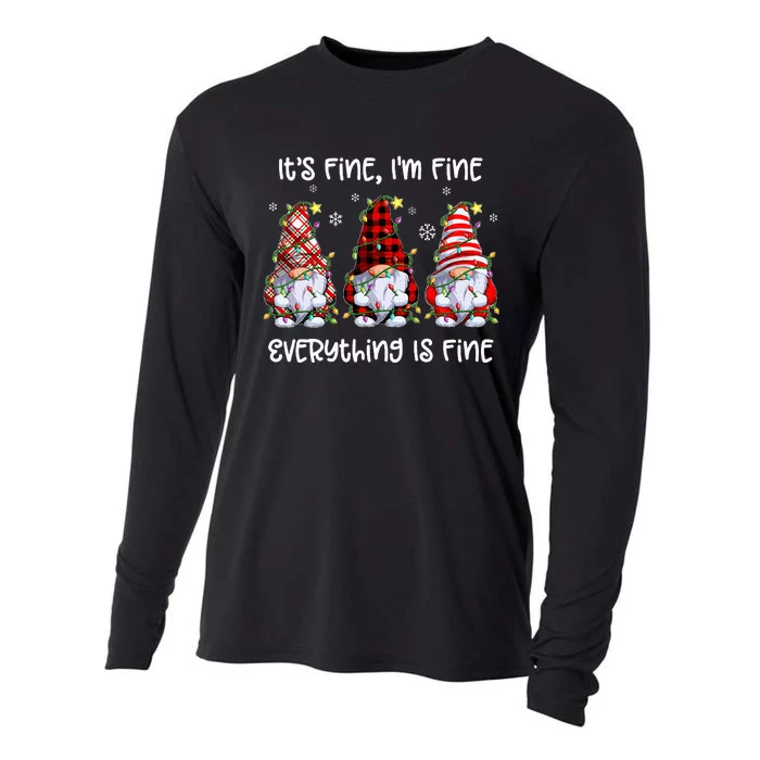 Its Fine I'm Fine Everything Is Fine Gnome Christmas Lights Cooling Performance Long Sleeve Crew