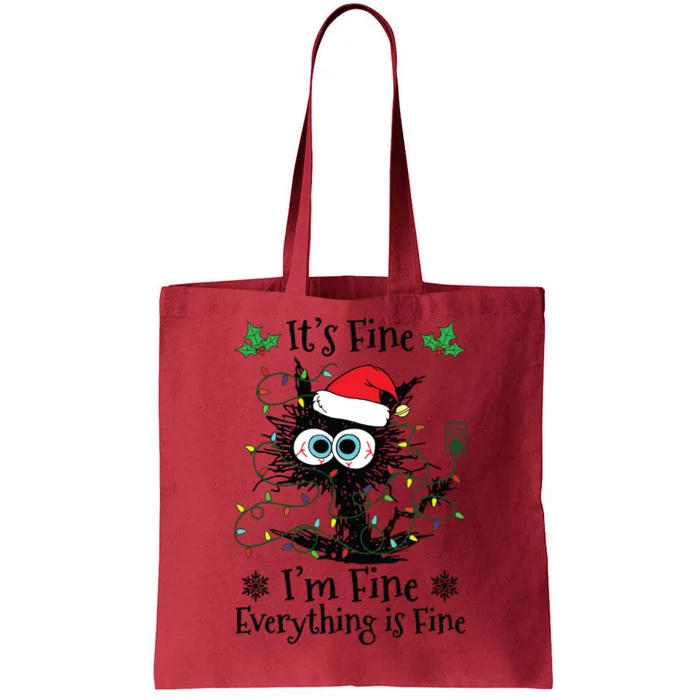 Its Fine Im Fine Everything Is Fine Cat Christmas Lights Tote Bag