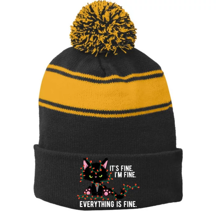 Its Fine Im Fine Everything Is Funny Cat Christmas Stripe Pom Pom Beanie