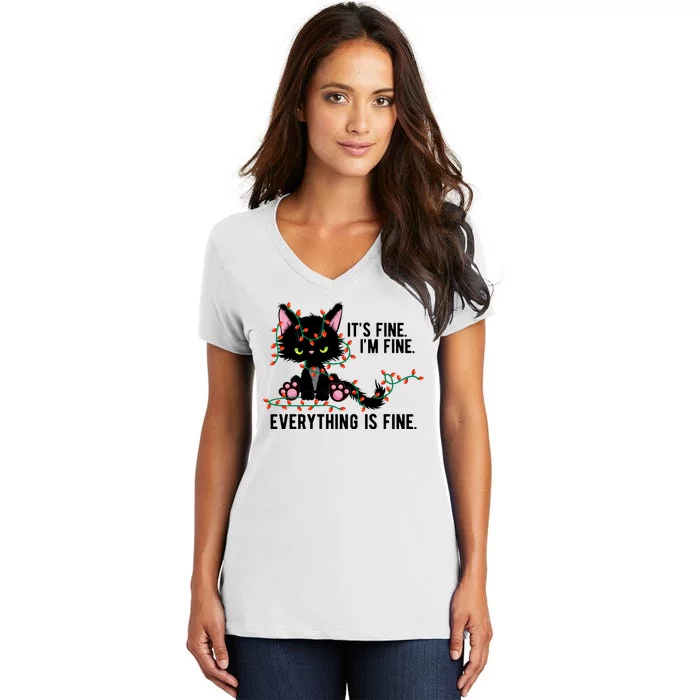 Its Fine Im Fine Everything Is Funny Cat Christmas Women's V-Neck T-Shirt