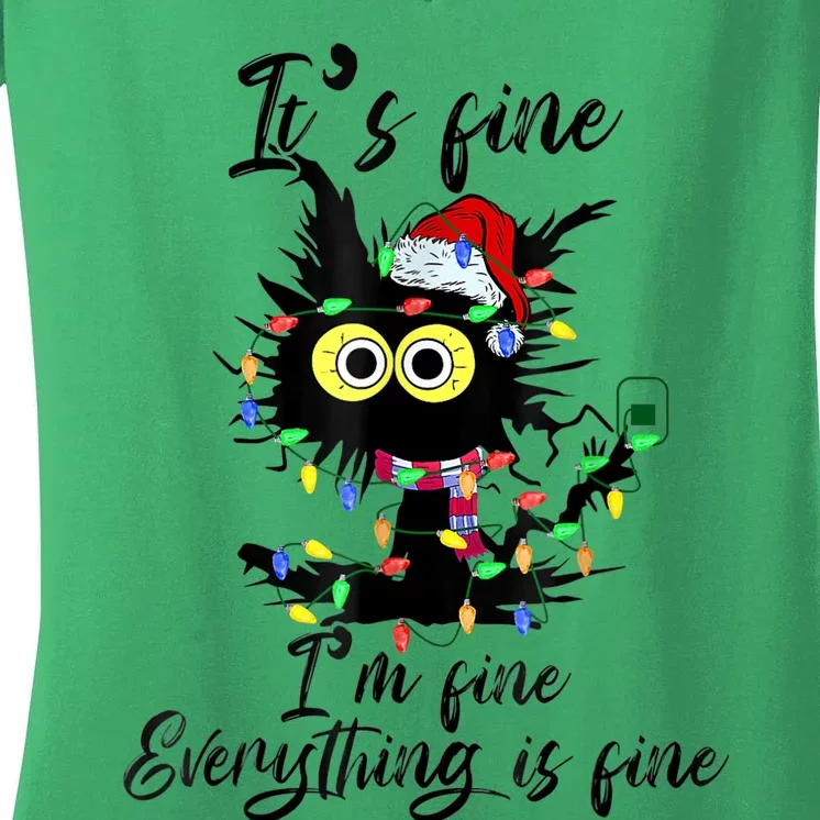 It's Fine I'm Fine Everything Is Fine Funny Cat Christmas Women's V-Neck T-Shirt