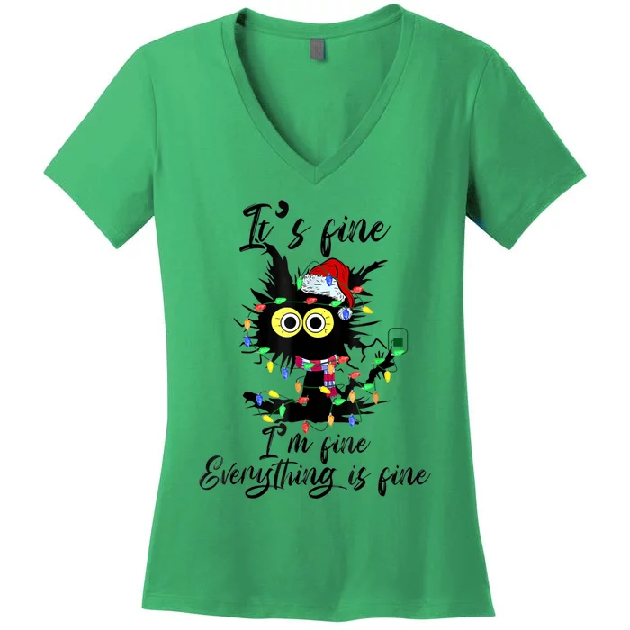 It's Fine I'm Fine Everything Is Fine Funny Cat Christmas Women's V-Neck T-Shirt