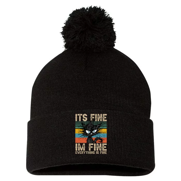 Its Fine Im Fine Everything Is Fine Funny Black Cat Women Pom Pom 12in Knit Beanie