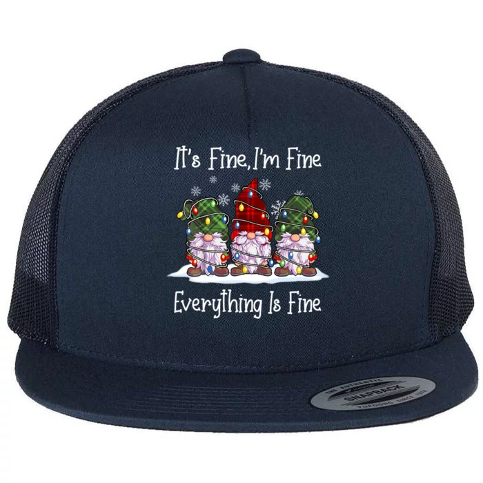 Its Fine I'm Fine Everything Is Fine Gnome Christmas Lights Long Sleeve Flat Bill Trucker Hat