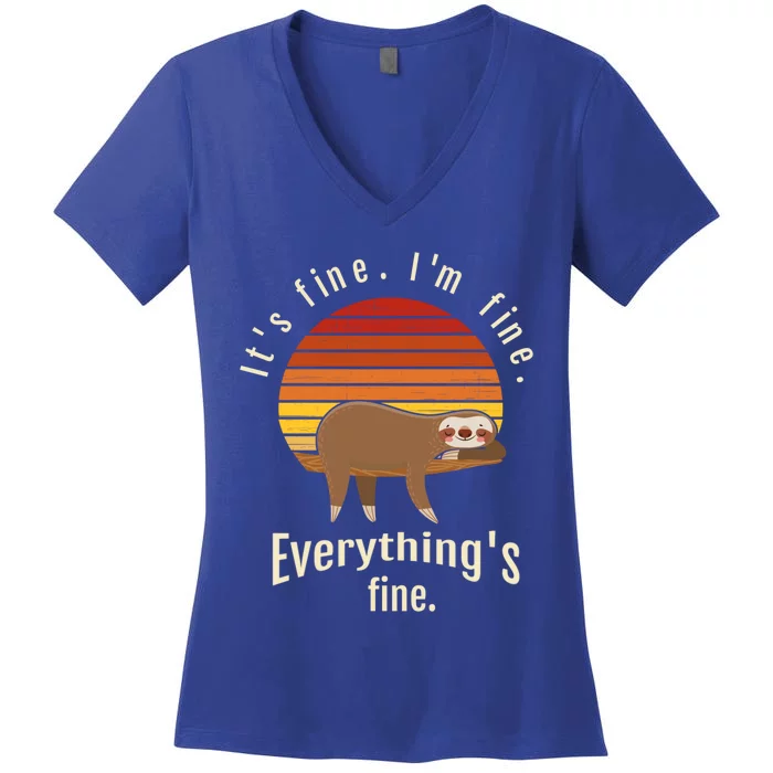 I’m Fine It’s Fine Everything Is Fine Retro Sunset Sloth Gift Women's V-Neck T-Shirt