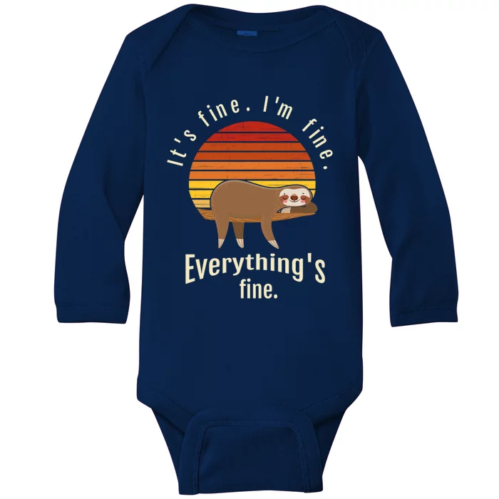 I’m Fine It’s Fine Everything Is Fine Retro Sunset Sloth Gift Baby Long Sleeve Bodysuit