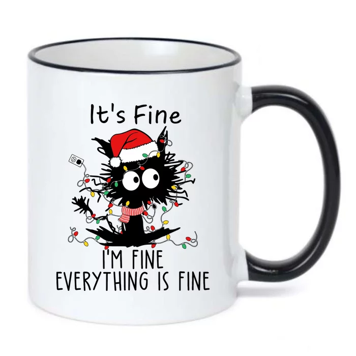 Its Fine Im Fine Everything Is Fine Cat Tangled In Christmas Lights Black Color Changing Mug