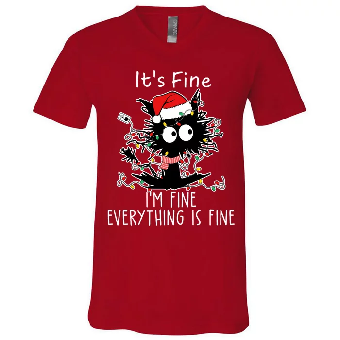 Its Fine Im Fine Everything Is Fine Cat Tangled In Christmas Lights V-Neck T-Shirt