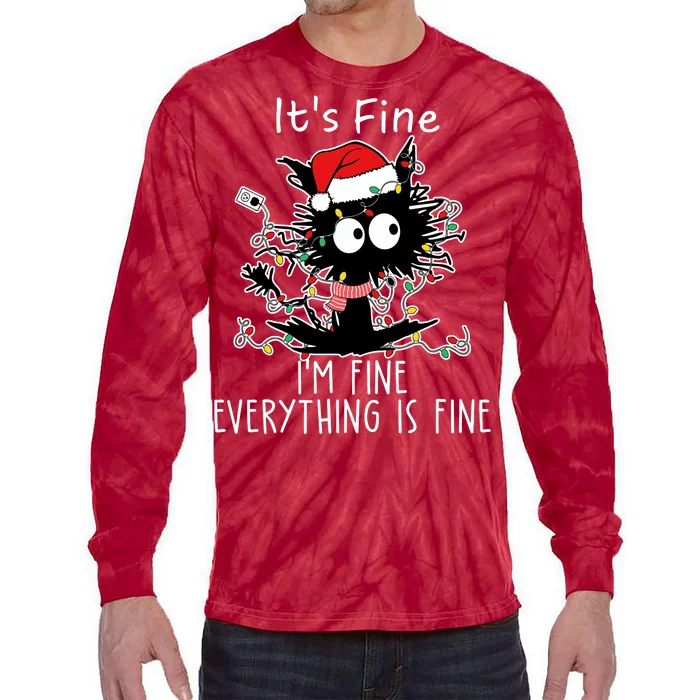 Its Fine Im Fine Everything Is Fine Cat Tangled In Christmas Lights Tie-Dye Long Sleeve Shirt