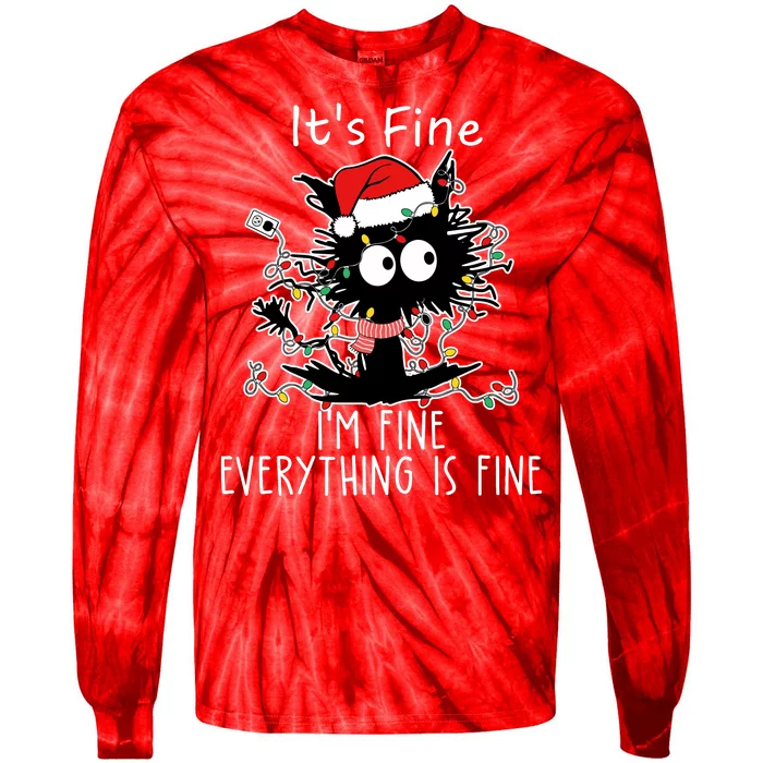 Its Fine Im Fine Everything Is Fine Cat Tangled In Christmas Lights Tie-Dye Long Sleeve Shirt