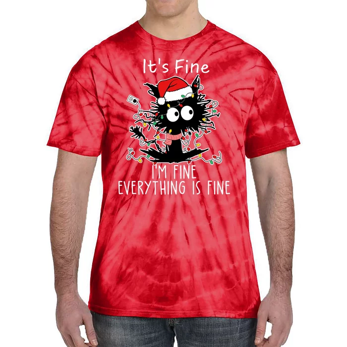 Its Fine Im Fine Everything Is Fine Cat Tangled In Christmas Lights Tie-Dye T-Shirt