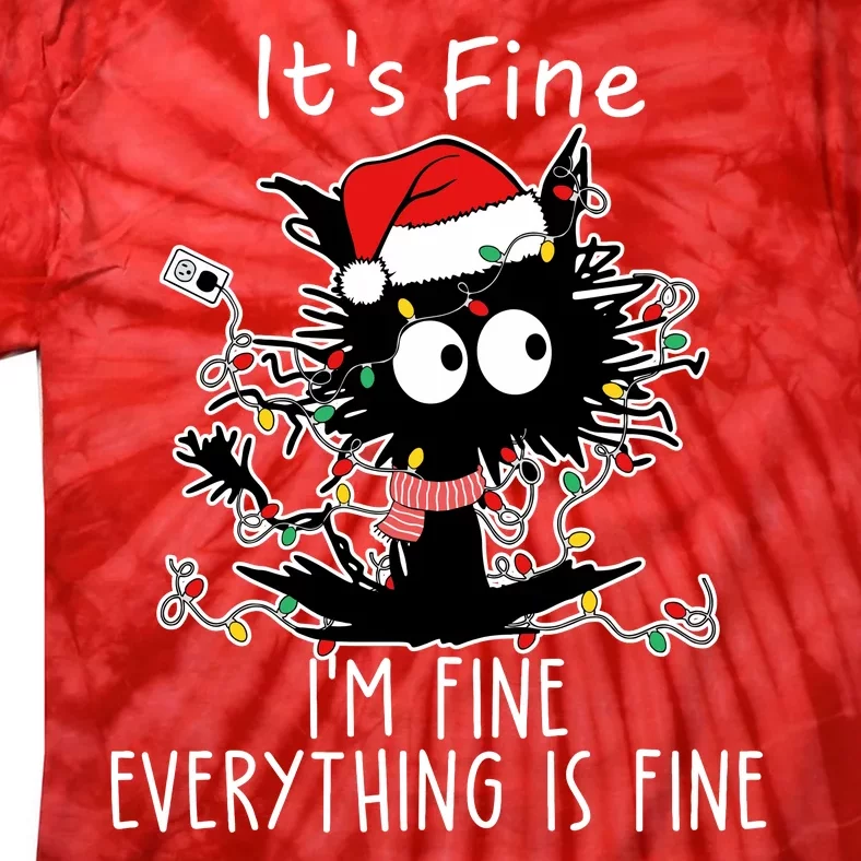 Its Fine Im Fine Everything Is Fine Cat Tangled In Christmas Lights Tie-Dye T-Shirt