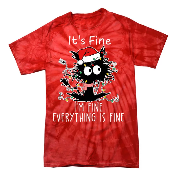 Its Fine Im Fine Everything Is Fine Cat Tangled In Christmas Lights Tie-Dye T-Shirt