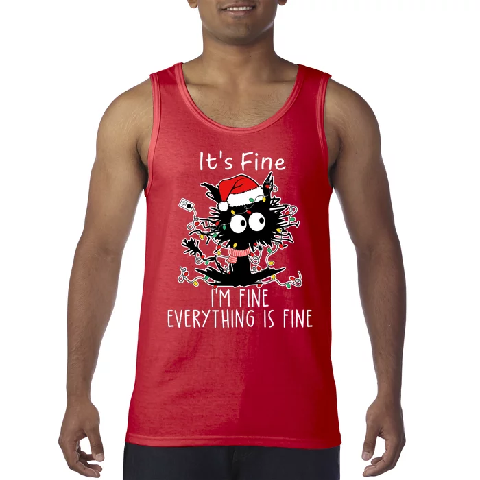 Its Fine Im Fine Everything Is Fine Cat Tangled In Christmas Lights Tank Top