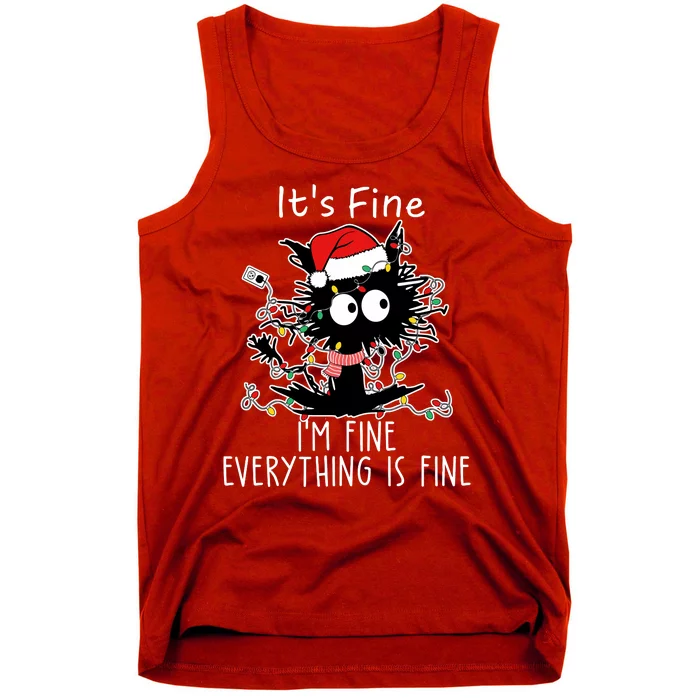 Its Fine Im Fine Everything Is Fine Cat Tangled In Christmas Lights Tank Top